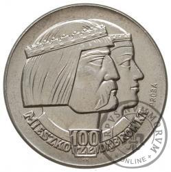 100 złotych - Mieszko i Dąbrówka - głowy w prawo, Aw: orzeł, Rw: nominał, Ag.700 st. płaski