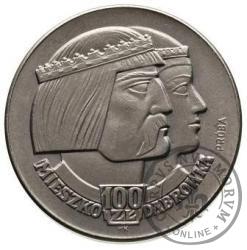 100 złotych - Mieszko i Dąbrówka - głowy w prawo, Aw: orzeł, Rw: nominał, Ag.700 st. głęboki