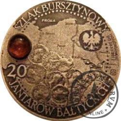 20 jantarów bałtyckich (PRUSZCZ GDAŃSKI) / WZORZEC PRODUKCYJNY DLA MONETY (miedź patynowana + bursztyn)